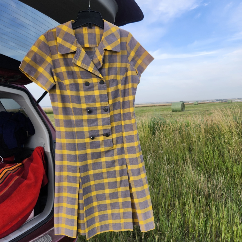 50s Vintage Midi Dress Checkered Yellow Gray Plaid Women's Mid Century Fall
